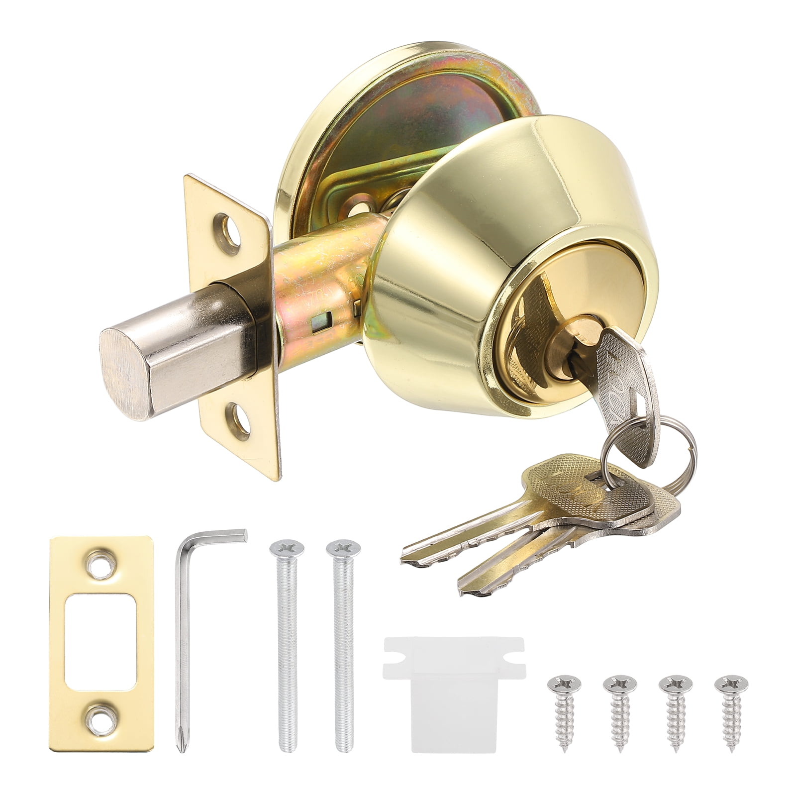 Uxcell Door Lock Set with Single Cylinder Deadbolt (2 Inch, Gold) (1 Set), Round Ball Exterior and Interior Door Knobs, Suit for - Bedroom/Bathroom/Office, Keyed Alike