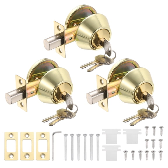 Uxcell Door Lock Set with Single Cylinder Deadbolt (2 Inch, Gold) (3 Set), Round Ball Exterior and Interior Door Knobs, Suit for - Bedroom/Bathroom/Office, Keyed Alike