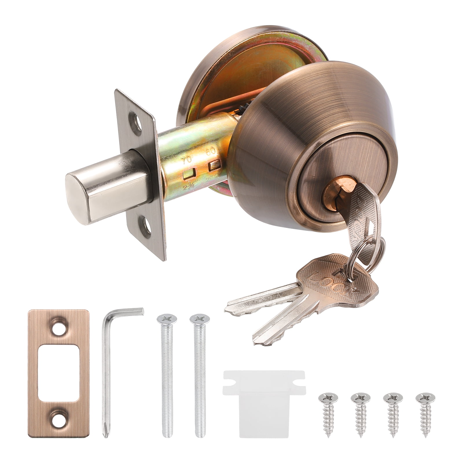 Uxcell Door Lock Set with Single Cylinder Deadbolt (2 Inch, Red) (1 Set), Round Ball Exterior and Interior Door Knobs, Suit for - Bedroom/Bathroom/Office, Keyed Alike