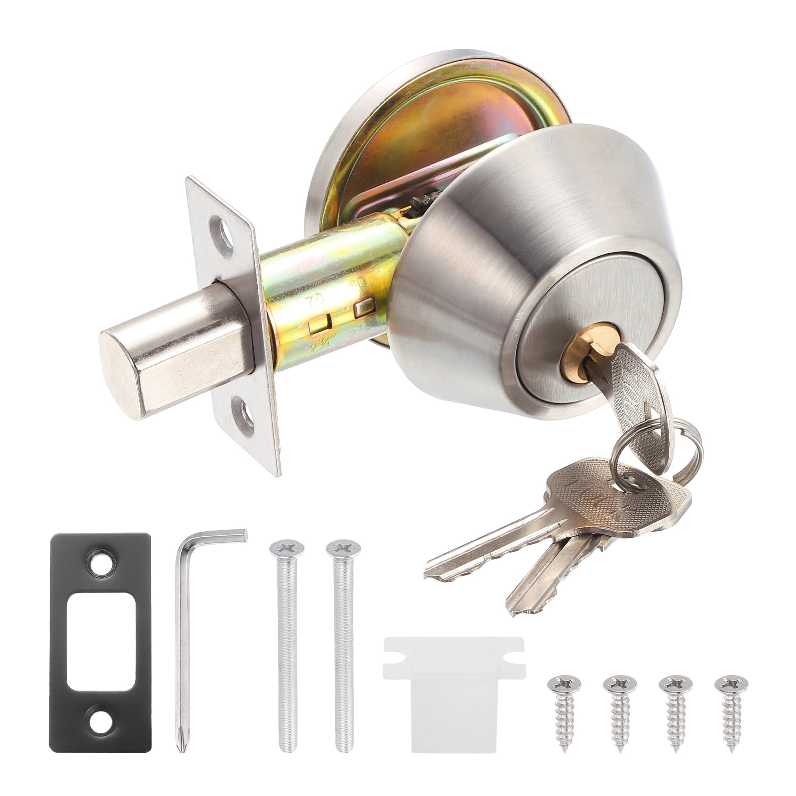 Uxcell Door Lock Set with Single Cylinder Deadbolt (2 Inch, Silver) (1 Set), Round Ball Exterior and Interior Door Knobs, Suit for - Bedroom/Bathroom/Office, Keyed Alike
