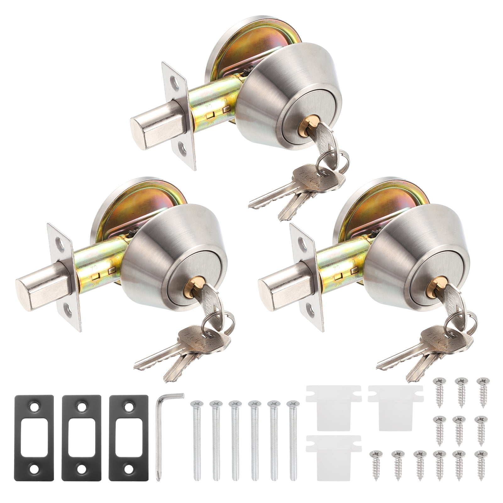Uxcell Door Lock Set with Single Cylinder Deadbolt (2 Inch, Silver) (3 Set), Round Ball Exterior and Interior Door Knobs, Suit for - Bedroom/Bathroom/Office, Keyed Alike
