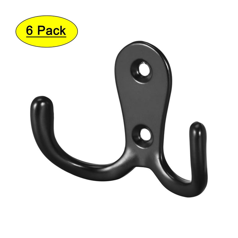 Uxcell Double Prong Robe Hook, Zinc Alloy Wall Mounted Coat Hooks  2.1x1.6x0.7mm Black for Hanging Scarf, Key, Cap 6pcs