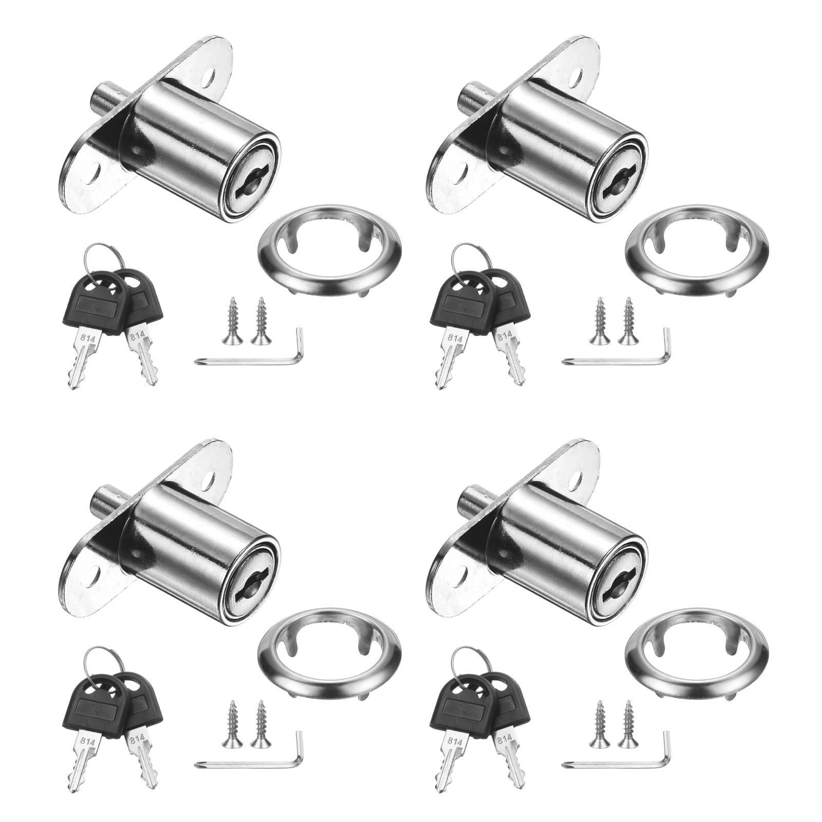 Uxcell Drawer Desk Push Plunger Lock, 4Pcs 7/8" Cylinder Diameter 1-7/16" Cylinder Length Zinc Alloy Sliding Cabinet Locks with Cross Screwdriver Keyed for Wardrobe Drawers, Silver