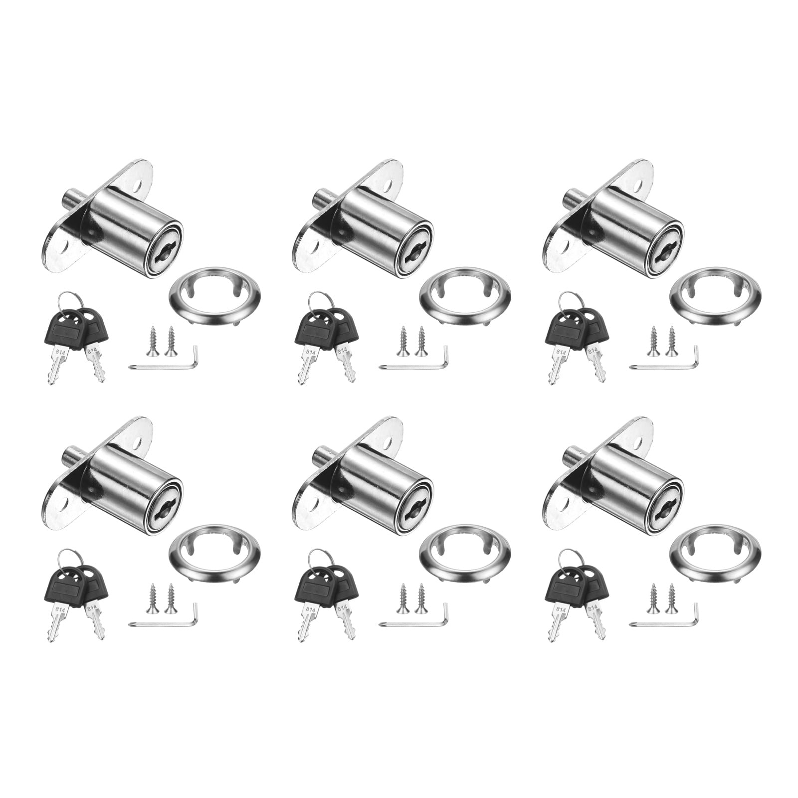 Uxcell Drawer Desk Push Plunger Lock, 6Pcs 7/8" Cylinder Diameter 1-7/16" Cylinder Length Zinc Alloy Sliding Cabinet Locks with Cross Screwdriver Keyed for Wardrobe Drawers, Silver