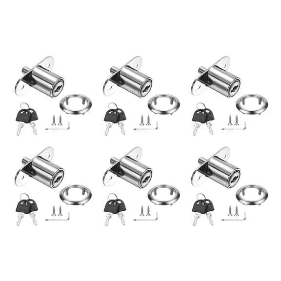 Uxcell Drawer Desk Push Plunger Lock, 6Pcs 7/8" Cylinder Diameter 1-7/16" Cylinder Length Zinc Alloy Sliding Cabinet Locks with Cross Screwdriver Keyed for Wardrobe Drawers, Silver