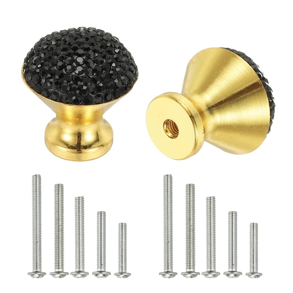 Uxcell Drawer Knobs,2Pcs 1.1 Inch (28mm)Diameter Bling Diamond Decoration Cabinet Knob, Round Rhinestones Pull Handle with Screws for Home, Office, Kitchen (Gold Base + Black Diamonds)