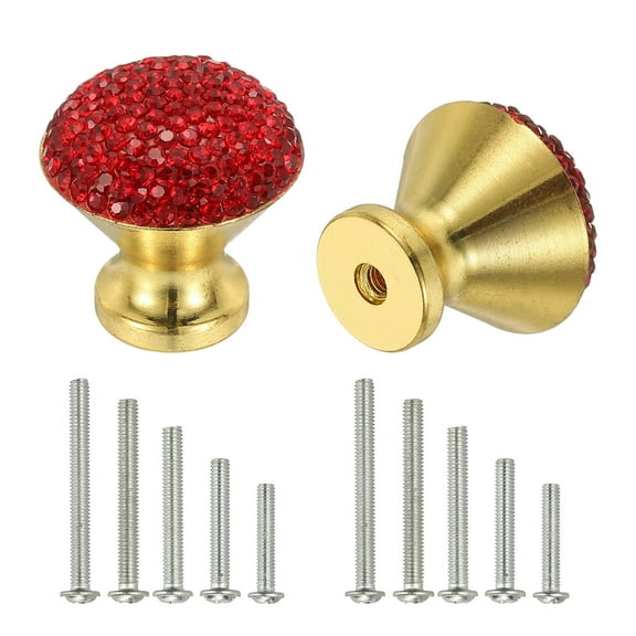 Uxcell Drawer Knobs,2Pcs 1.1 Inch (28mm)Diameter Bling Diamond Decoration Cabinet Knob, Round Rhinestones Pull Handle with Screws for Home, Office, Kitchen (Gold Base + Red Diamonds)