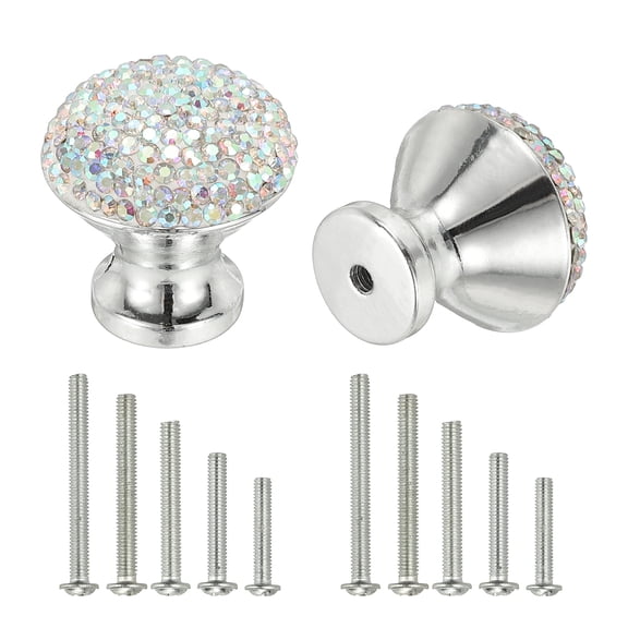 Uxcell Drawer Knobs,2Pcs 1.1 Inch (28mm)Diameter Bling Diamond Decoration Cabinet Knob, Round Rhinestones Pull Handle with Screws for Home, Office, Kitchen (White Base + AB Diamond)