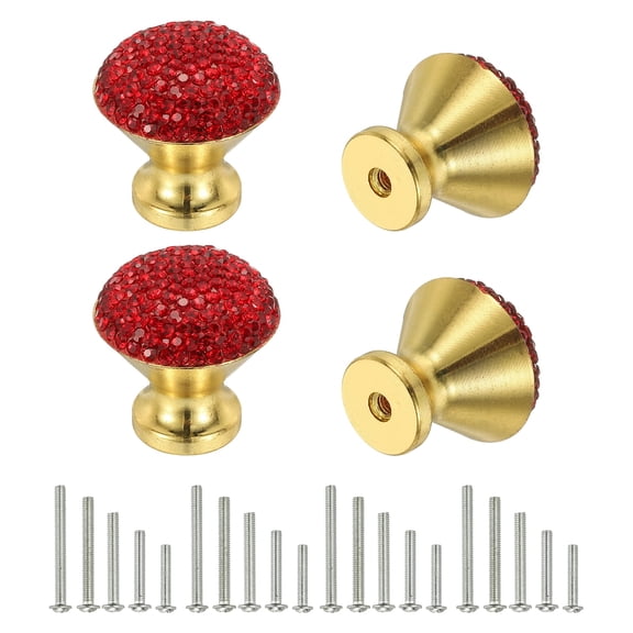 Uxcell Drawer Knobs,4Pcs 1.1 Inch (28mm)Diameter Bling Diamond Decoration Cabinet Knob, Round Rhinestones Pull Handle with Screws for Home, Office, Kitchen (Gold Base + Red Diamonds)