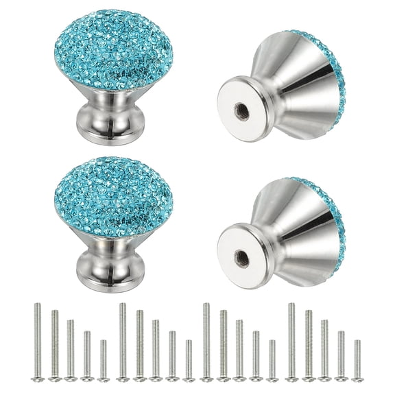 Uxcell Drawer Knobs,4Pcs 1.1 Inch(28mm)Diameter Bling Diamond Decoration Cabinet Knob, Round Rhinestones Pull Handle with Screws for Home, Office, Kitchen (White Base + Lake Blue Diamond)