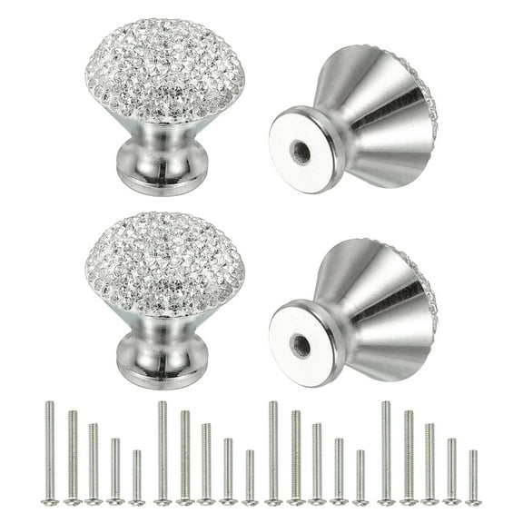 Uxcell Drawer Knobs,4Pcs 1.1 Inch (28mm)Diameter Bling Diamond Decoration Cabinet Knob, Round Rhinestones Pull Handle with Screws for Home, Office, Kitchen (White Base + White Diamond)