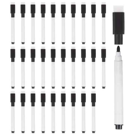 Uxcell Dry Erase Marker Pens Black Ink Fine Point Low Odor Whiteboard with Eraser Cap, 30 Pack