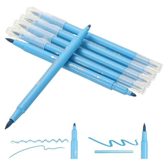 Uxcell Dual Brush Markers, Light Blue Fine and Brush Tip Pen for Coloring, 6Pcs