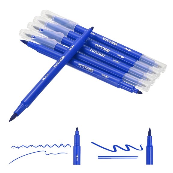 Uxcell Dual Brush Markers, Ocean Blue Fine and Brush Tip Pen for Coloring, 6Pcs