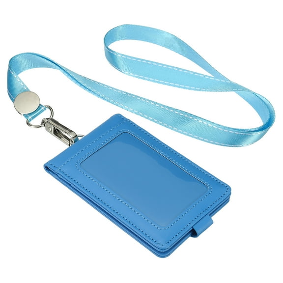 Uxcell Folded PU Leather ID Badge Holder with Lanyard with 1 Clear Window 4 Card Slot Blue