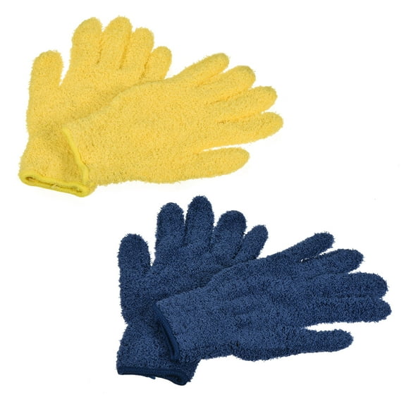 Uxcell Dusting Cleaning Gloves Microfiber Mittens, Dark Blue Yellow 2 Pairs