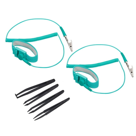 Uxcell ESD Anti Static Wrist Band 2pcs PU Wired Static Bracelet 6ft Adjustable with Anti Static Tweezers