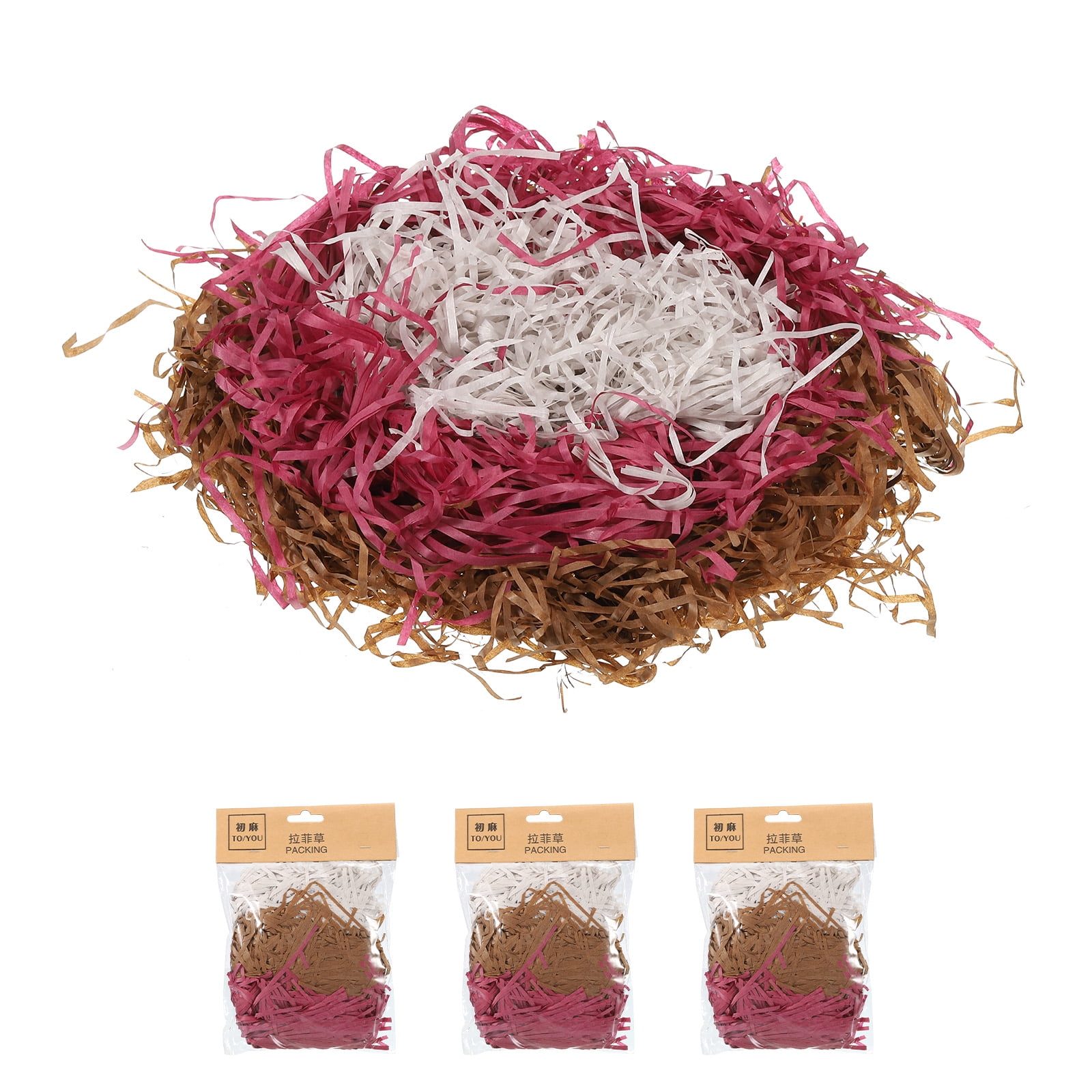 Uxcell Easter Grass Basket Filler Grass 3 Color (Brown,Burgundy,Blue)  Raffia Recyclable Paper for Gift Packaging 3 Pack