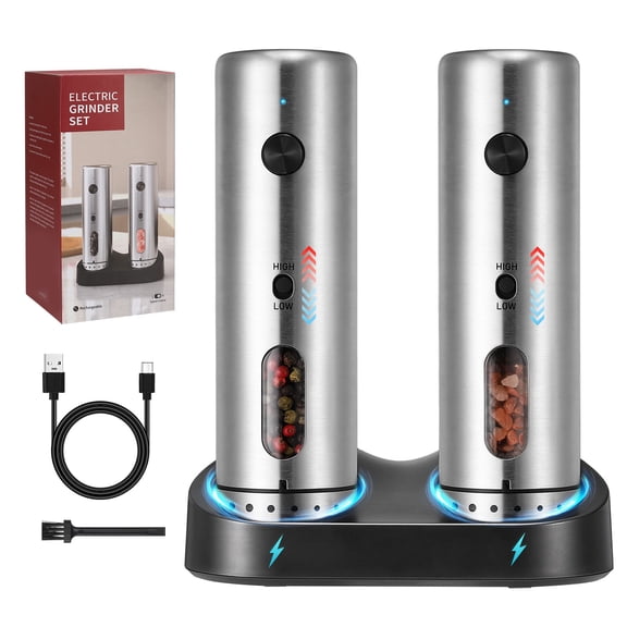 Uxcell Electric Salt Grinder Set with Rechargeable Base Stainless Steel Grinders