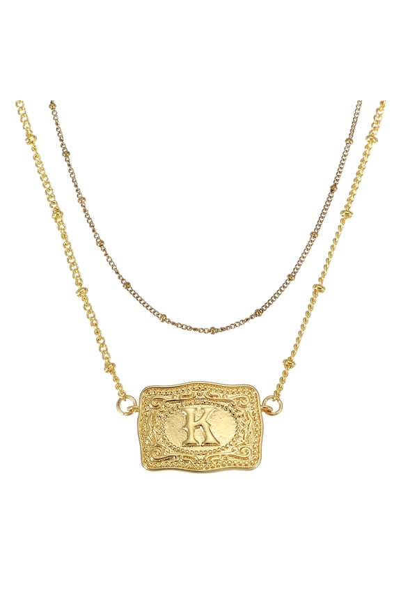 Embossed Belt Buckle Necklace, 1 Set Western Initial Cow Tag Necklace with Beaded Chain Western Jewelry for Women Men Birthday Gift, Letter K(Gold)