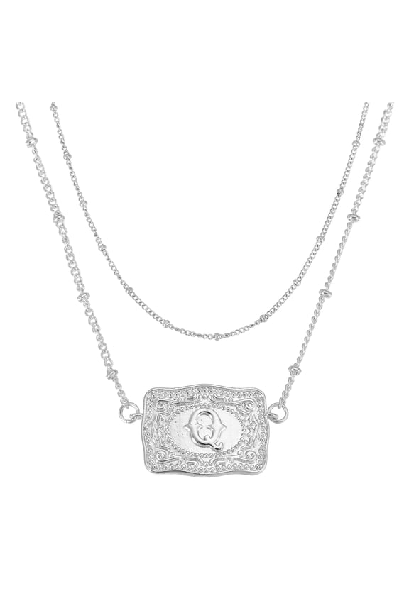 Embossed Belt Buckle Necklace, 1 Set Western Initial Cow Tag Necklace with Beaded Chain Western Jewelry for Women Men Birthday Gift, Letter Q(Silver)