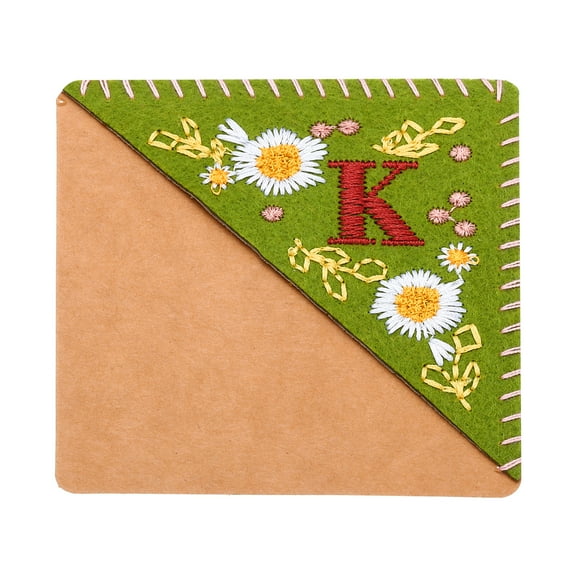 Uxcell Embroidered Corner Bookmark Cute Flower Stitched Triangle Book Page Mark for Book Lover Teacher Green Letter K