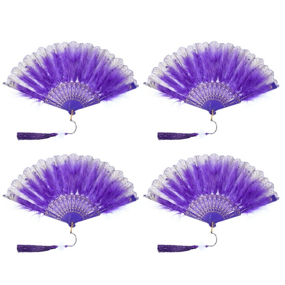 Uxcell Embroidered Flower Marabou Feather Fan Vintage Folding Handheld Fan Chinese Flapper Hand Fans Purple
