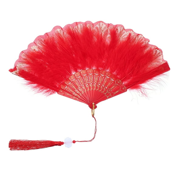 Uxcell Embroidered Flower Marabou Feather Fan, Vintage Folding Handheld Fan for Costume Party Dancing Wedding Show Red