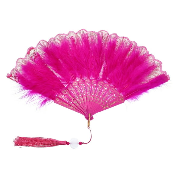 Uxcell Embroidered Flower Marabou Feather Fan, Vintage Folding Handheld Fan for Costume Party Dancing Wedding Show Rose Red