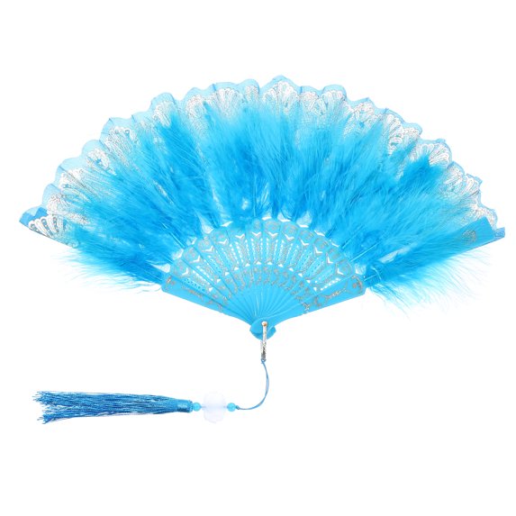 Uxcell Embroidered Flower Marabou Feather Fan, Vintage Folding Handheld Fan for Costume Party Dancing Wedding Show Sky Blue