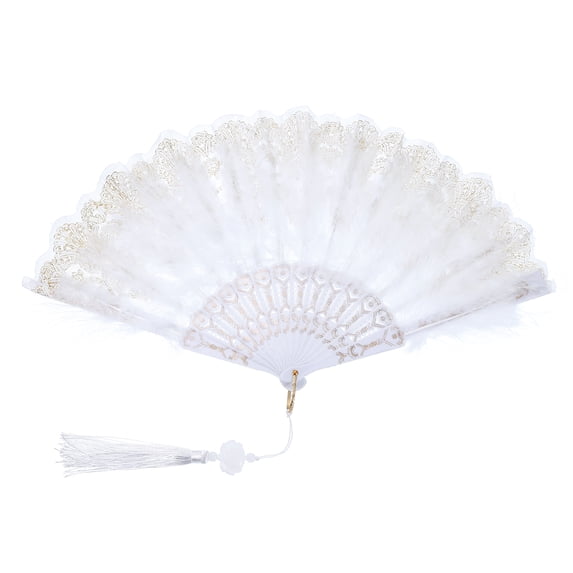 Uxcell Embroidered Flower Marabou Feather Fan, Vintage Folding Handheld Fan for Costume Party Dancing Wedding Show White