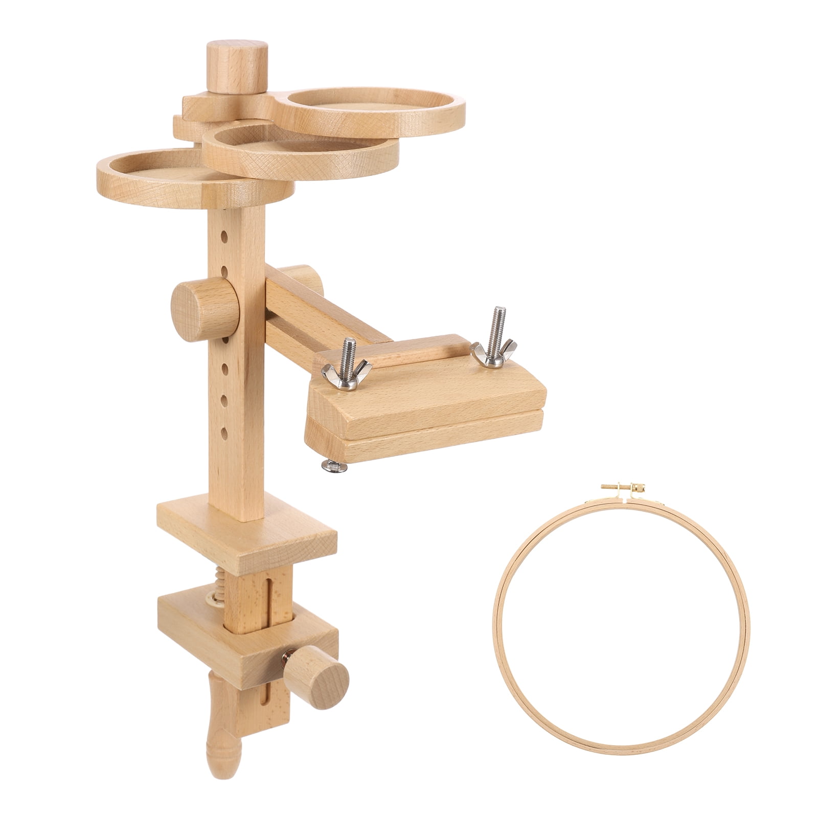 Uxcell Embroidery Hoop Stand, Adjustable Beech Wood Cross Stitch Holder with Built-in Storage Tray, with 8" Embroidery Hoop