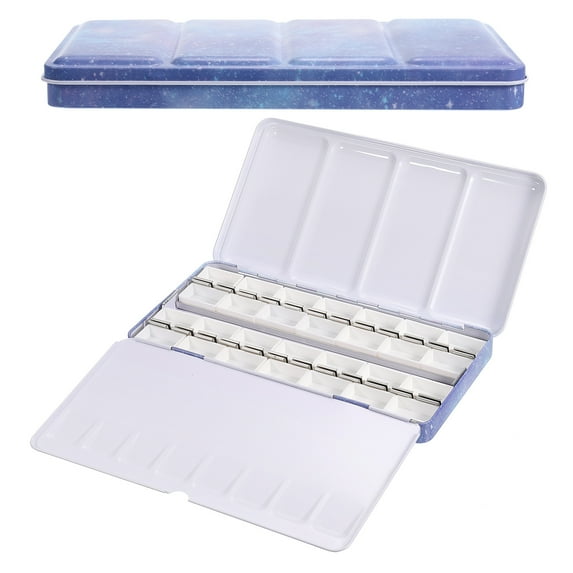Uxcell Empty Watercolor Palette, Metal Watercolor Tin with 28pcs Full Pans Paint Box, Blue 28 Wells