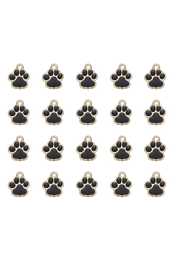 Enamel Paw Print Charm, Dog Paw Footprint Charms Cute Pet Animal Print Pendants Cat Beads (20Pcs, Metal, Black/Gold) for DIY Pet Collar Necklace Bracelet Craft Jewelry Making