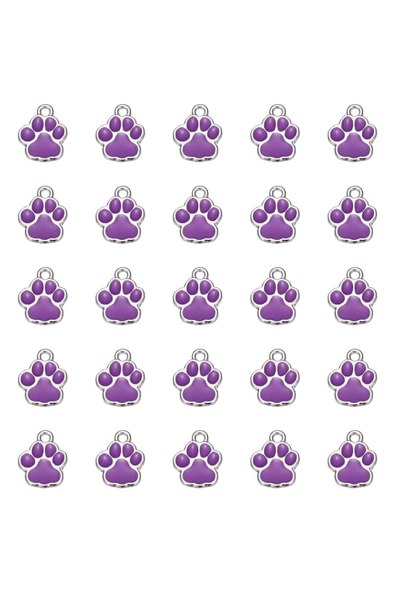 Enamel Paw Print Charm, Dog Paw Footprint Charms Cute Pet Animal Print Pendants Cat Beads (40Pcs, Metal, Purple/White) for DIY Pet Collar Necklace Bracelet Craft Jewelry Making