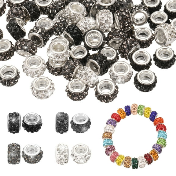 Uxcell European Large Hole Beads for Jewelry Making, 5mm Hole 100Pcs Crystal Rhinestone, White/Gray/Bright Black/Black