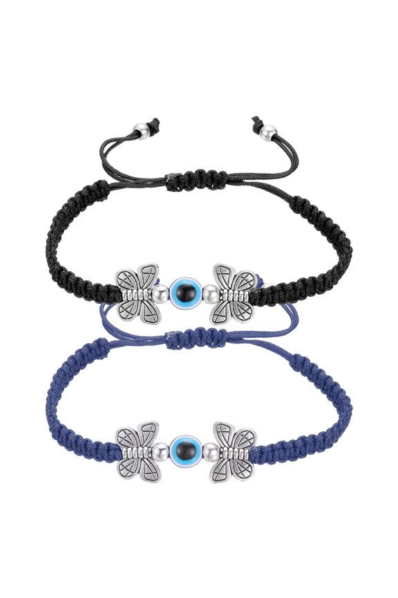 Evil Eye Lucky Bracelets, Handmade Braided Rope String Adjustable Protection Bracelets, Minimalist Jewelry for Women Men Friend (Butterfly Style, Black/Blue)