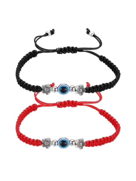 Evil Eye Lucky Bracelets, Handmade Braided Rope String Adjustable Protection Bracelets, Minimalist Jewelry for Women Men Friend (Flower Style, Black/Red)