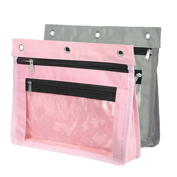 Uxcell Expandable Pencil Pouch for 3 Rings Binder, 2 Pack Oxford Cloth Zipper Binder Pouch Pencil Case Gray/Pink