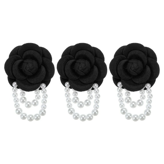 Uxcell Fabric Camellia Flower Brooch Elegant Pearl Tassel Pin Floral Corsage Bracelet Dual Use for Women, Black,3 Pack