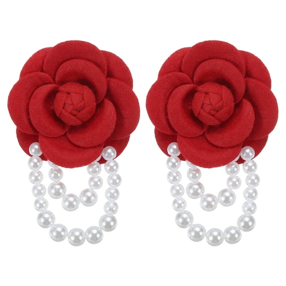 Uxcell Fabric Camellia Flower Brooch Elegant Pearl Tassel Pin Floral Corsage Bracelet Dual Use for Women, Red,2 Pack