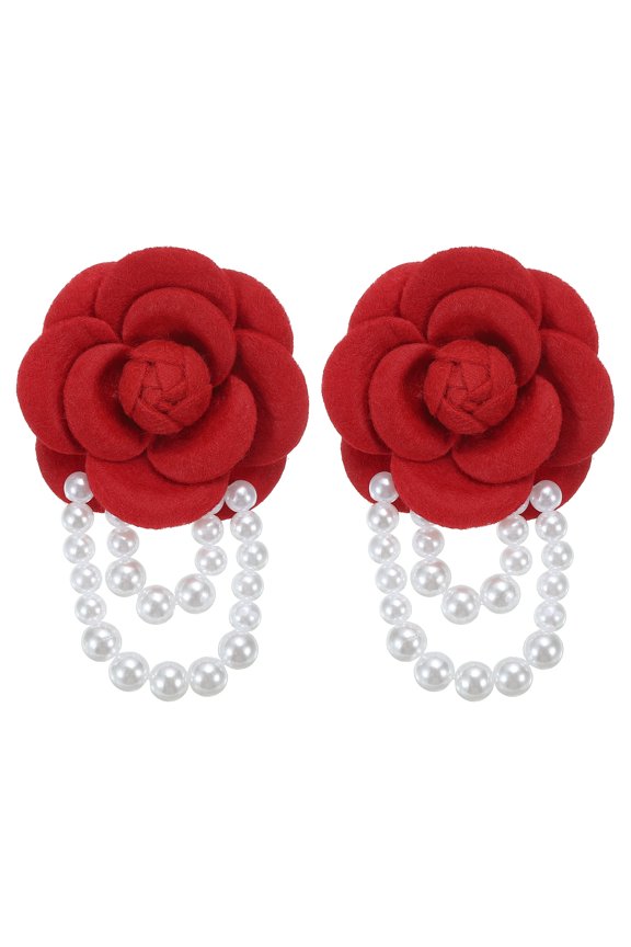 Fabric Camellia Flower Brooch Elegant Pearl Tassel Pin Floral Corsage Bracelet Dual Use for Women, Red,2 Pack