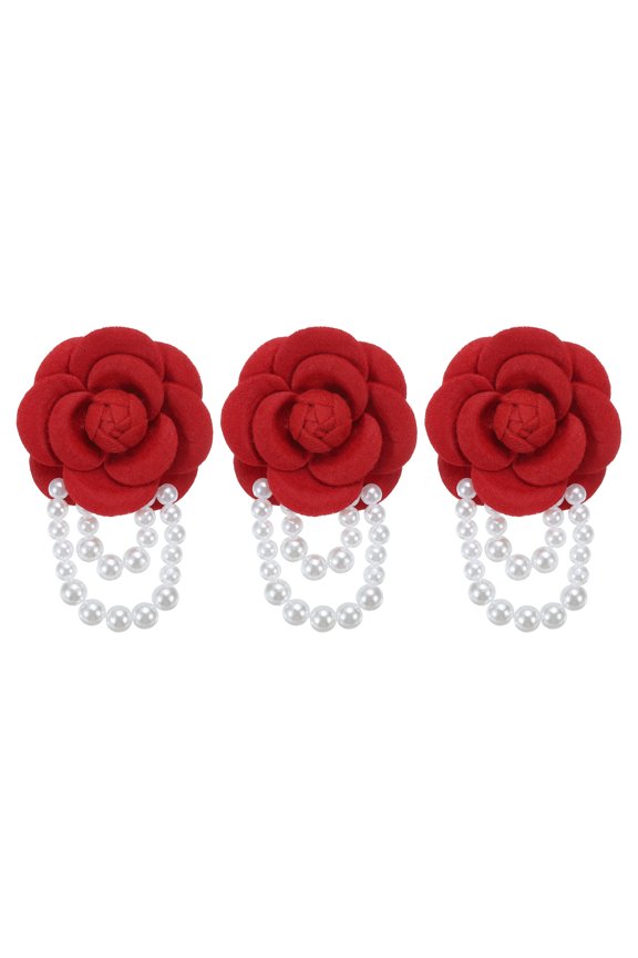 Fabric Camellia Flower Brooch Elegant Pearl Tassel Pin Floral Corsage Bracelet Dual Use for Women, Red,3 Pack