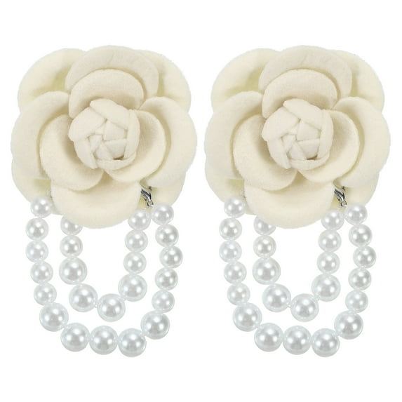 Uxcell Fabric Camellia Flower Brooch Elegant Pearl Tassel Pin Floral Corsage Bracelet Dual Use for Women, White,2 Pack
