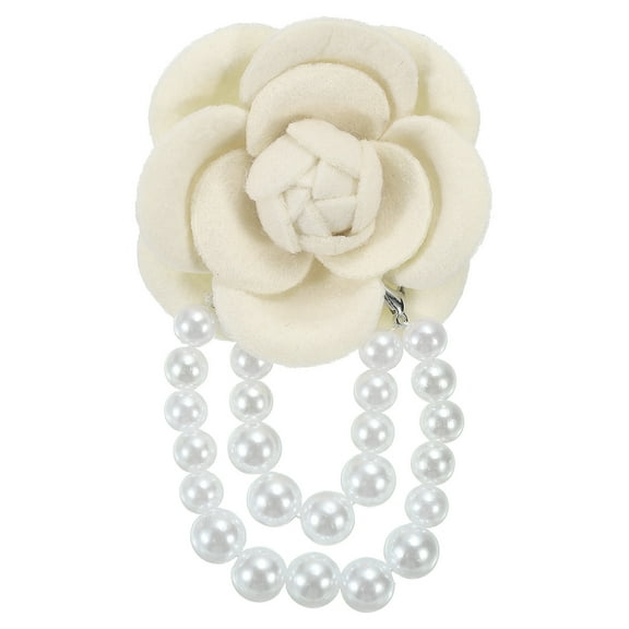 Uxcell Fabric Camellia Flower Brooch Elegant Pearl Tassel Pin Floral Corsage Bracelet Dual Use for Women, White