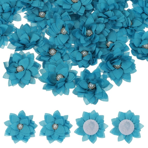 Uxcell Fabric Flowers, Rhinestone Pearls Sewing Fabric Flowers for DIY Crafts Appliques Wedding Birthday Party Blue