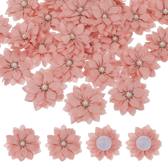 Uxcell Fabric Flowers, Rhinestone Pearls Sewing Fabric Flowers for DIY Crafts Appliques Wedding Birthday Party Pink