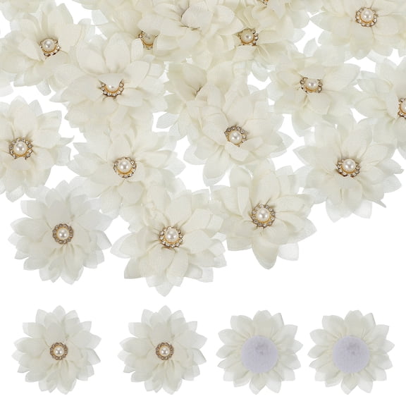 Uxcell Fabric Flowers, Rhinestone Pearls Sewing Fabric Flowers for DIY Crafts Appliques Wedding Birthday Party White