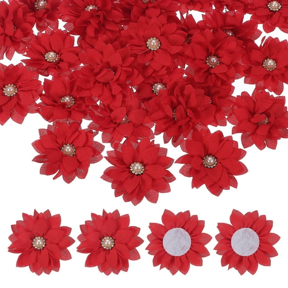 Uxcell Fabric Flowers, Rhinestone Pearls Sewing Fabric Flowers for DIY Crafts Appliques Wedding Birthday Party Decoration Red