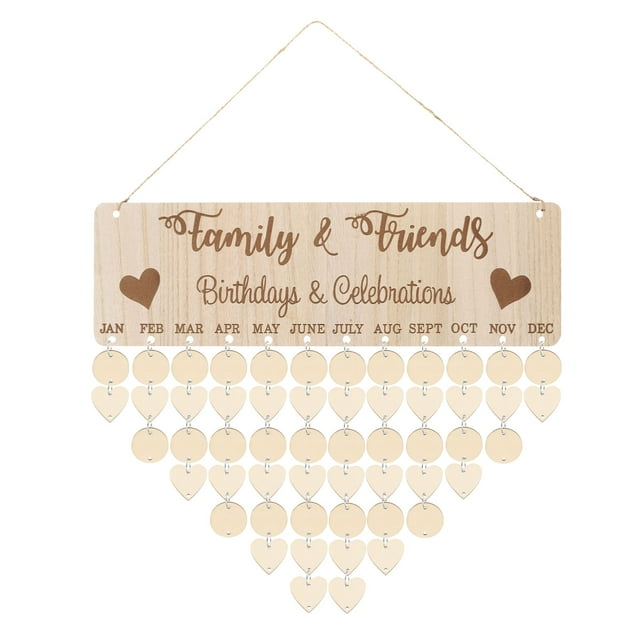 Wooden Family Birthday Calendar Board - DIY Birthday Tracker With Hearts & Rounds